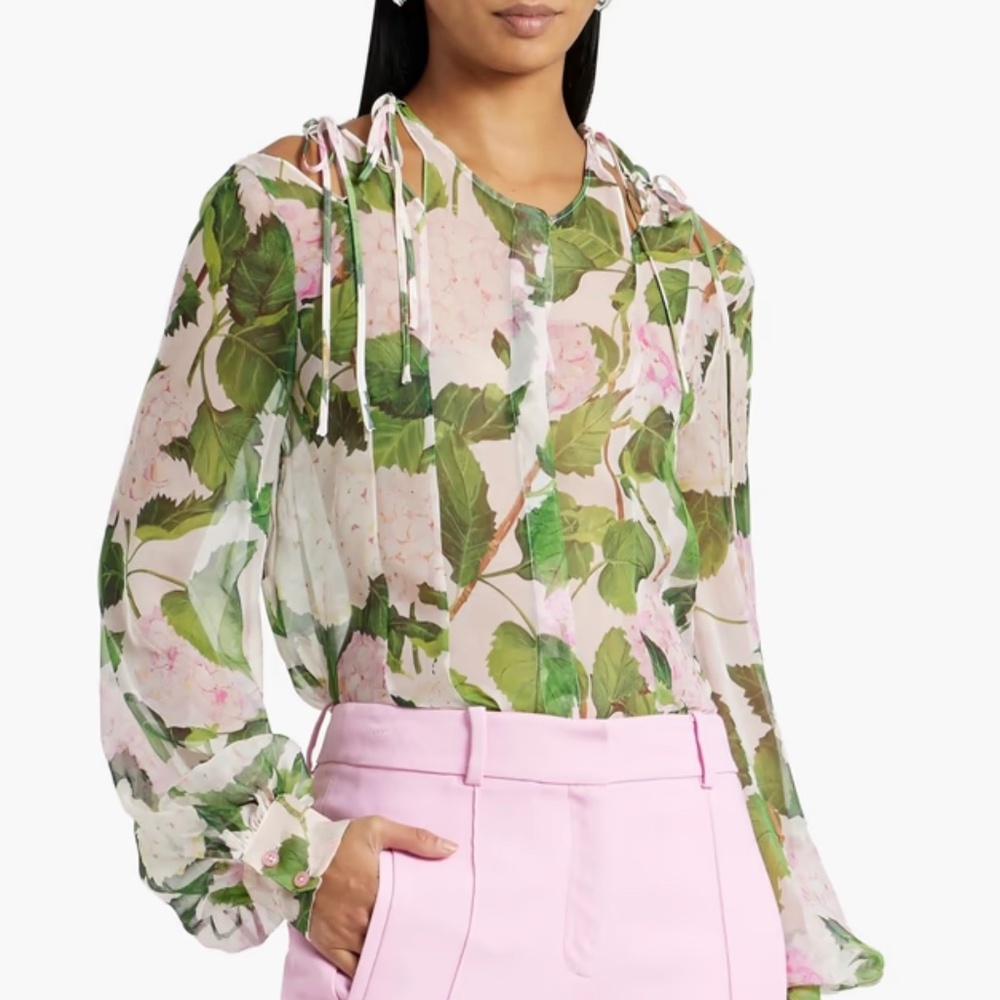 OSCAR DE LA RENTA Bow-Detailed Floral Print Silk-Chiffon Blouse Sz4